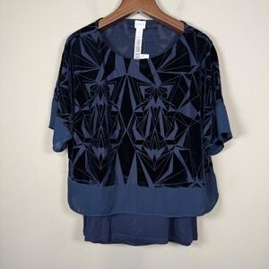 Chico's NWT Tina Navy Geometric Print Velvet Burnout Blouse Size 2 (Large)